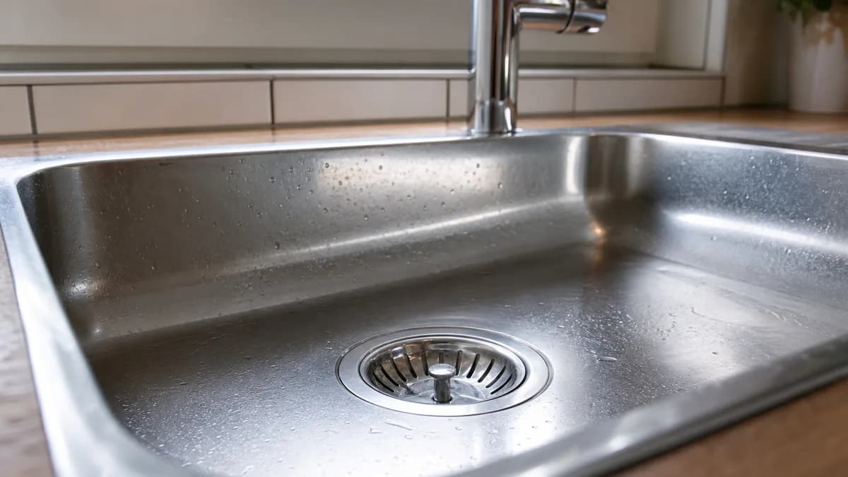 Gepflegtes Spülbecken in einer modernen Küche mit gut sichtbarem Abfluss und eingesetztem Sieb