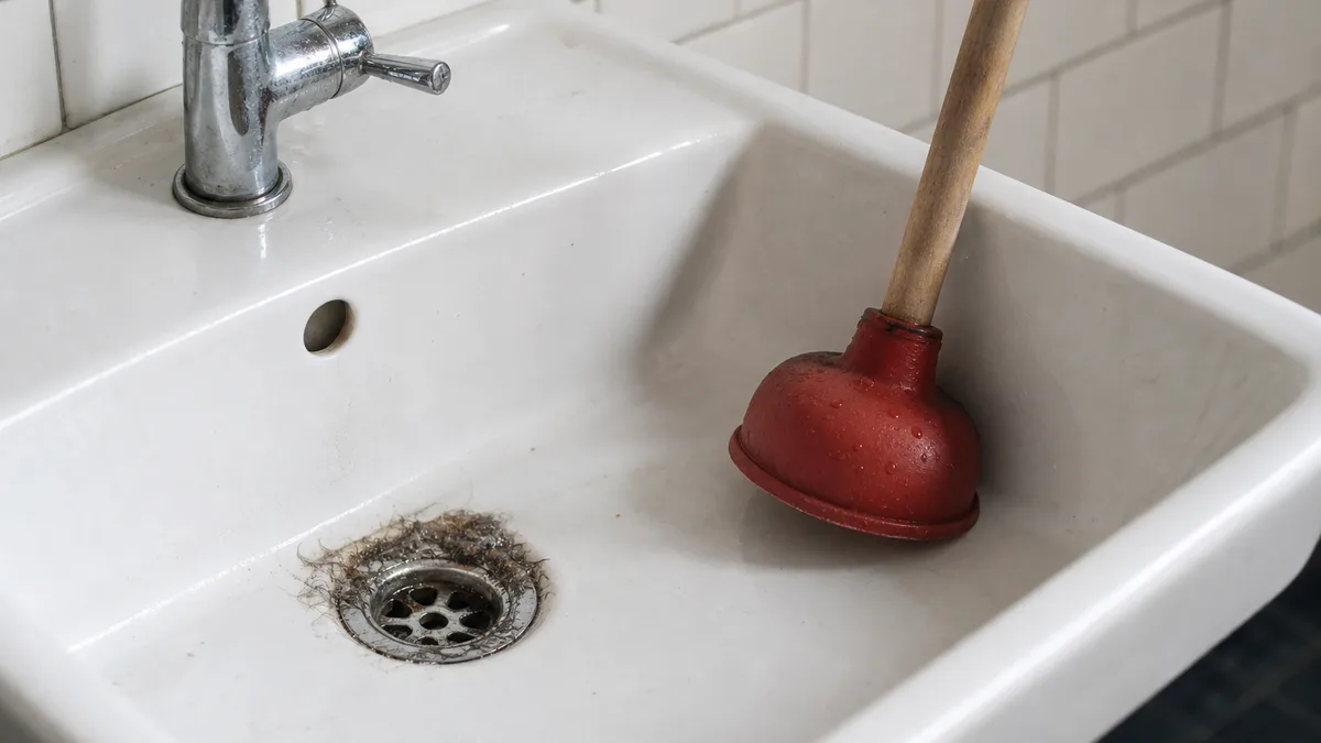 Person befreit verstopften Waschbeckenabfluss mit einer Saugglocke im Badezimmer
