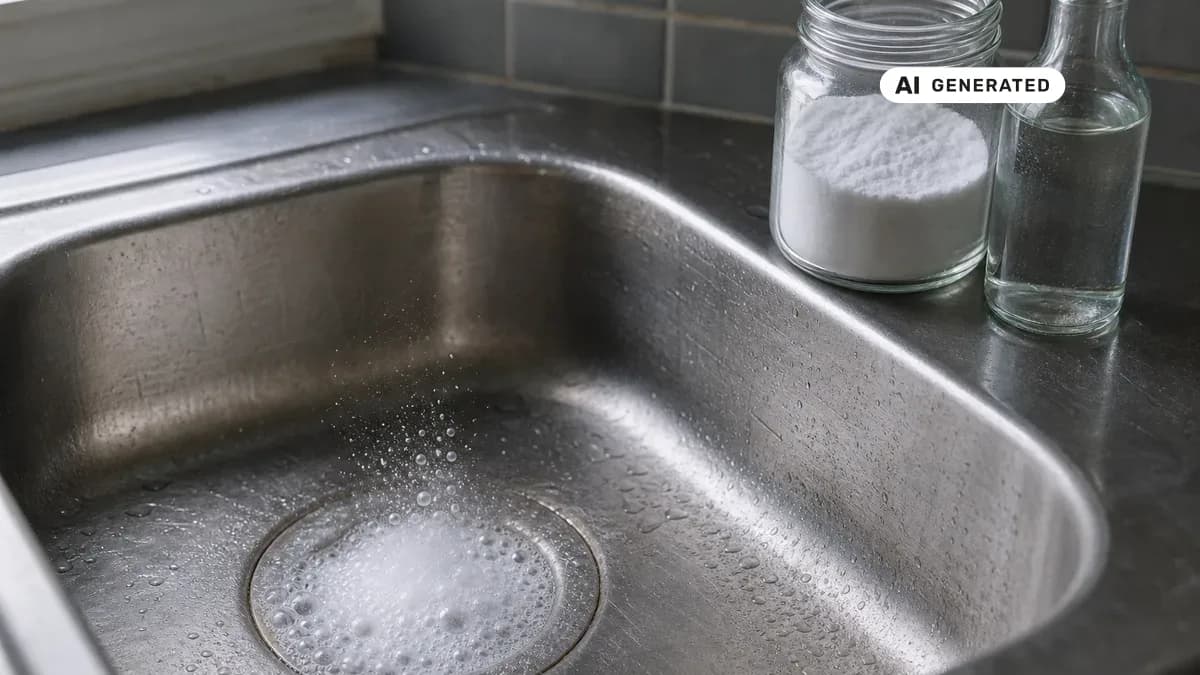 KI-generiertes Bild: Natron und Essig neben einem Küchenabfluss, aufschäumende Reinigungsreaktion im Edelstahlbecken