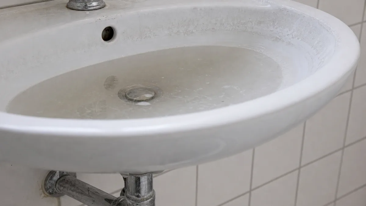 Fachmann reinigt einen Abfluss mit professionellem Werkzeug unter einem Waschbecken