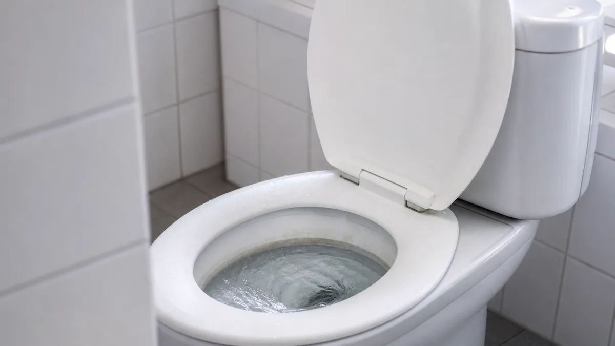 Nahaufnahme einer weißen Toilette mit Spülkasten in einem hell gefliesten Bad