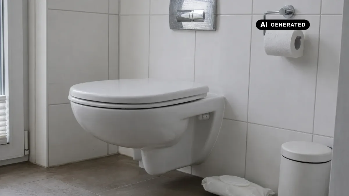 KI-generiertes Bild: Heller Sanitärraum mit weißem WC, daneben Toilettenpapierrolle, Feuchttücherpackung und kleiner Mülleimer mit Deckel