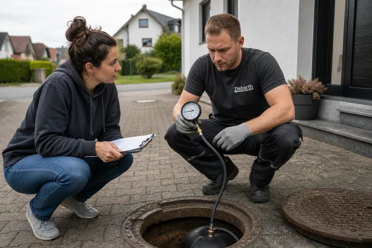 Techniker führt Dichtheitsprüfung der Abwasserleitung durch