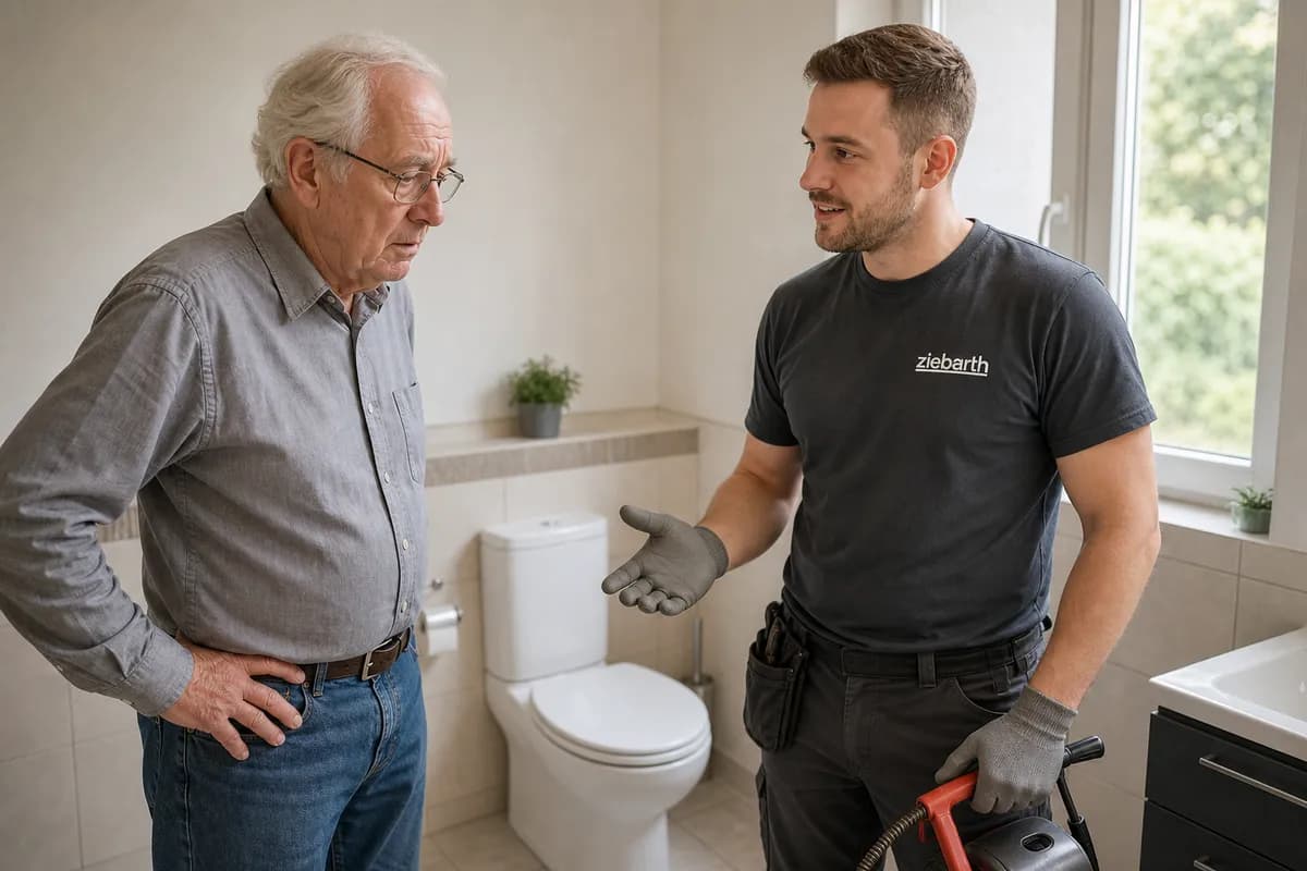 Techniker beruhigt Hausbesitzer bei einer verstopften Toilette